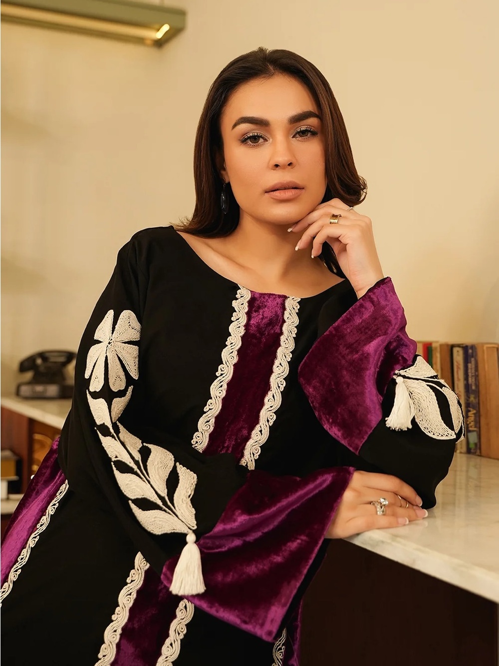 Lulusar Pakistani Long Dress Medium Velvet Embroidered Black Purple Modest